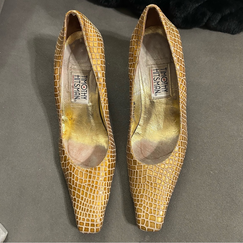 Vintage Timothy Hitsman Womens 8M Pumps Gold Leather Faux Snake Skin see desc - Picture 3 of 13